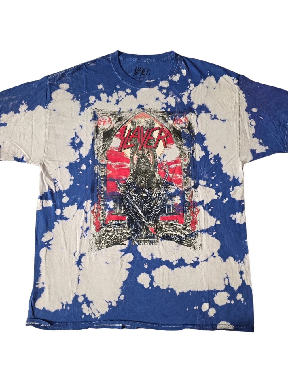 Slayer Graphic Bleach-Splatter Short Sleeve Tee in Blue and White